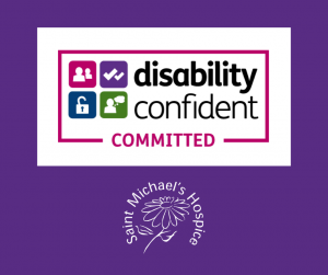Disability confident committed employer logo on purple background with Saint Michael's Hospice logo