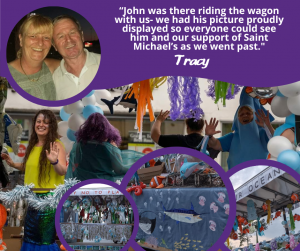 Photo of winning St Wilfrid's Procession float overlaid with picture of Tracy and John