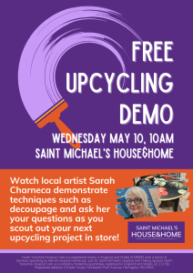 Free upcycling demo: Watch local artist Sarah Charneca demonstrate techniques such as decoupage and ask her your questions as you scout out your next upcycling project in store!