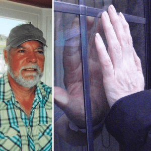 Alan Smith, and picture of his and his wife Yvonne's hands pressed up against the window